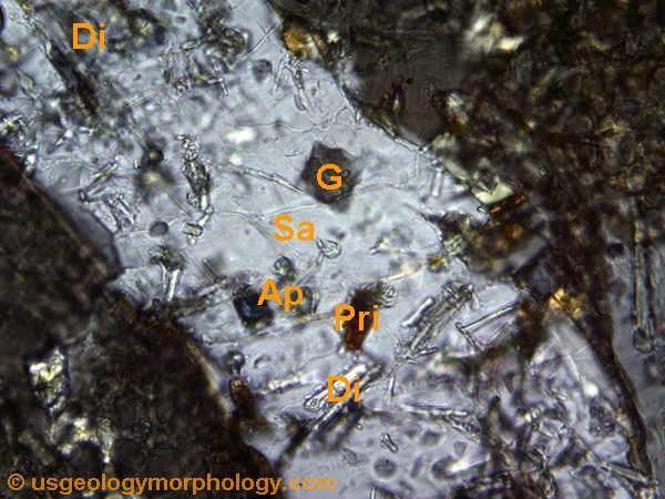 sanidine, diopside and accessory minerals in a thin section of orendite