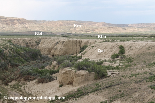 Baxter basin; gully in Quaternary alluvia; Baxter shale; Rock Springs formation