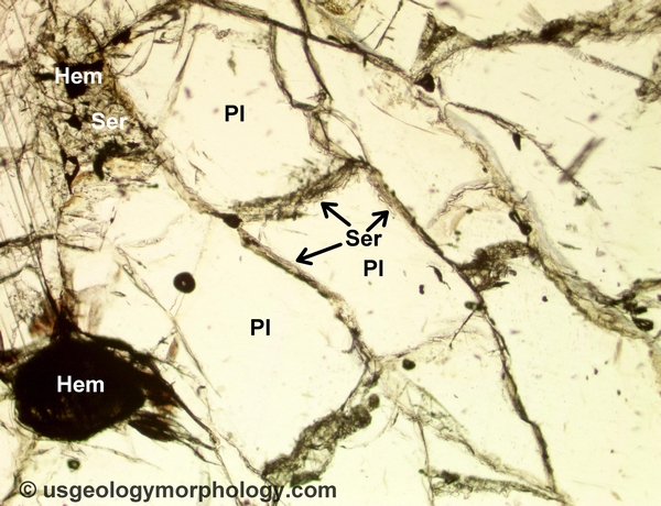 Sericite of hydrothermal origin in meta-anorthosite (PPL)